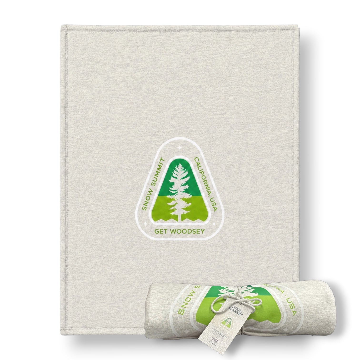 Snow Summit light grey sweatshirt blanket with a get woodsy green color tree logo.