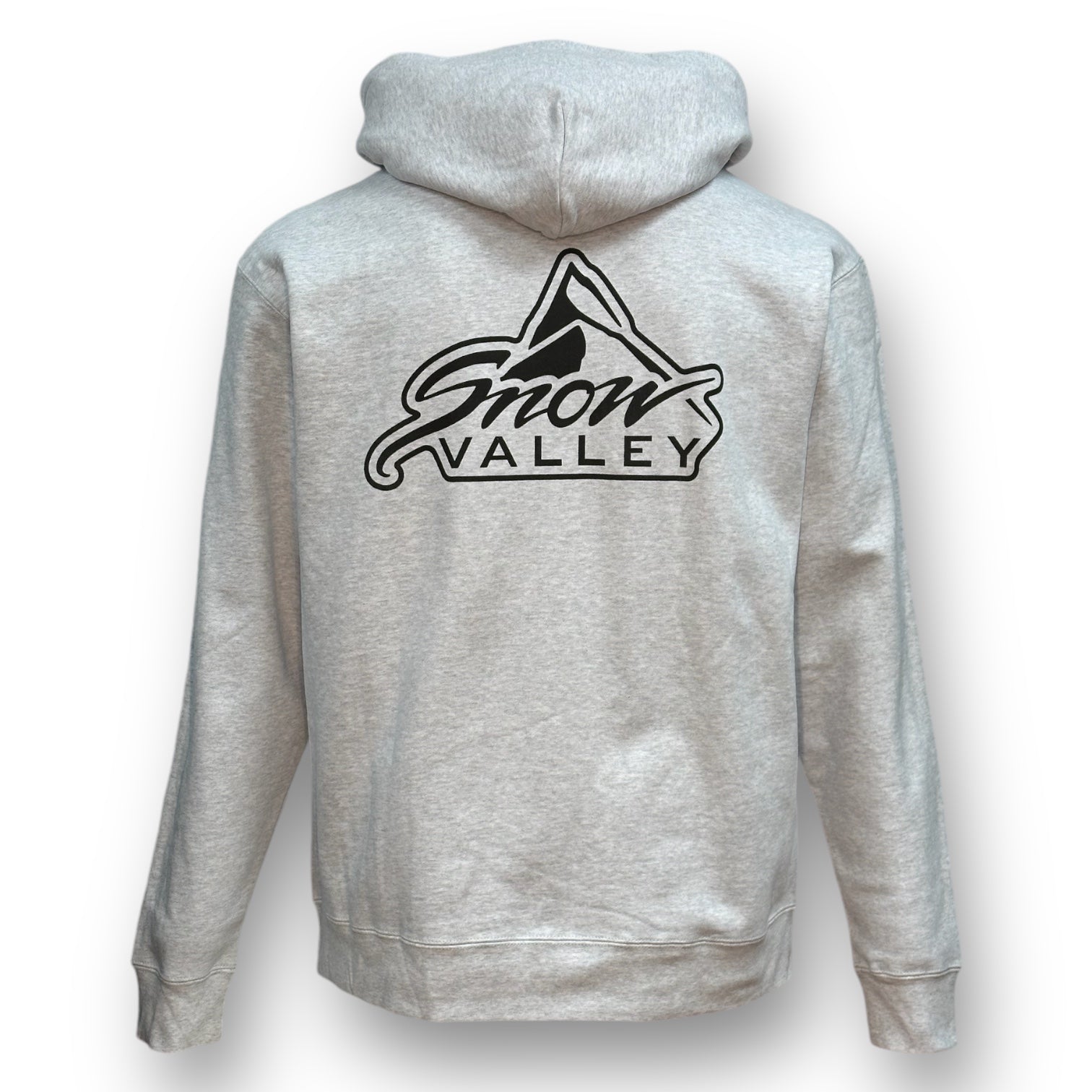Backside of ash grey hoodie sweatshirt with black snow valley logo