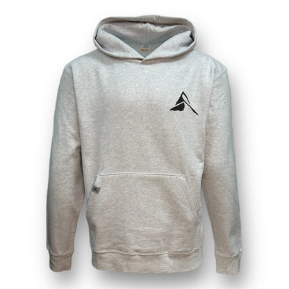 Ash grey hoodie sweatshirt with a black mountain logo design in upper left corner