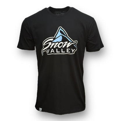 Black t shirt with blue and white snow valley logo in the center