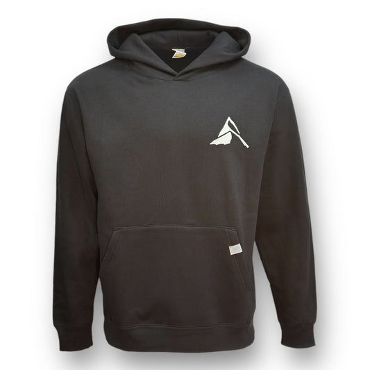 Black hoodie sweatshirt with white mountain peaks logo on upper left side