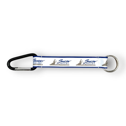 Snow Valley Logo strap keychain with carabiner on one end and keychain on the other.