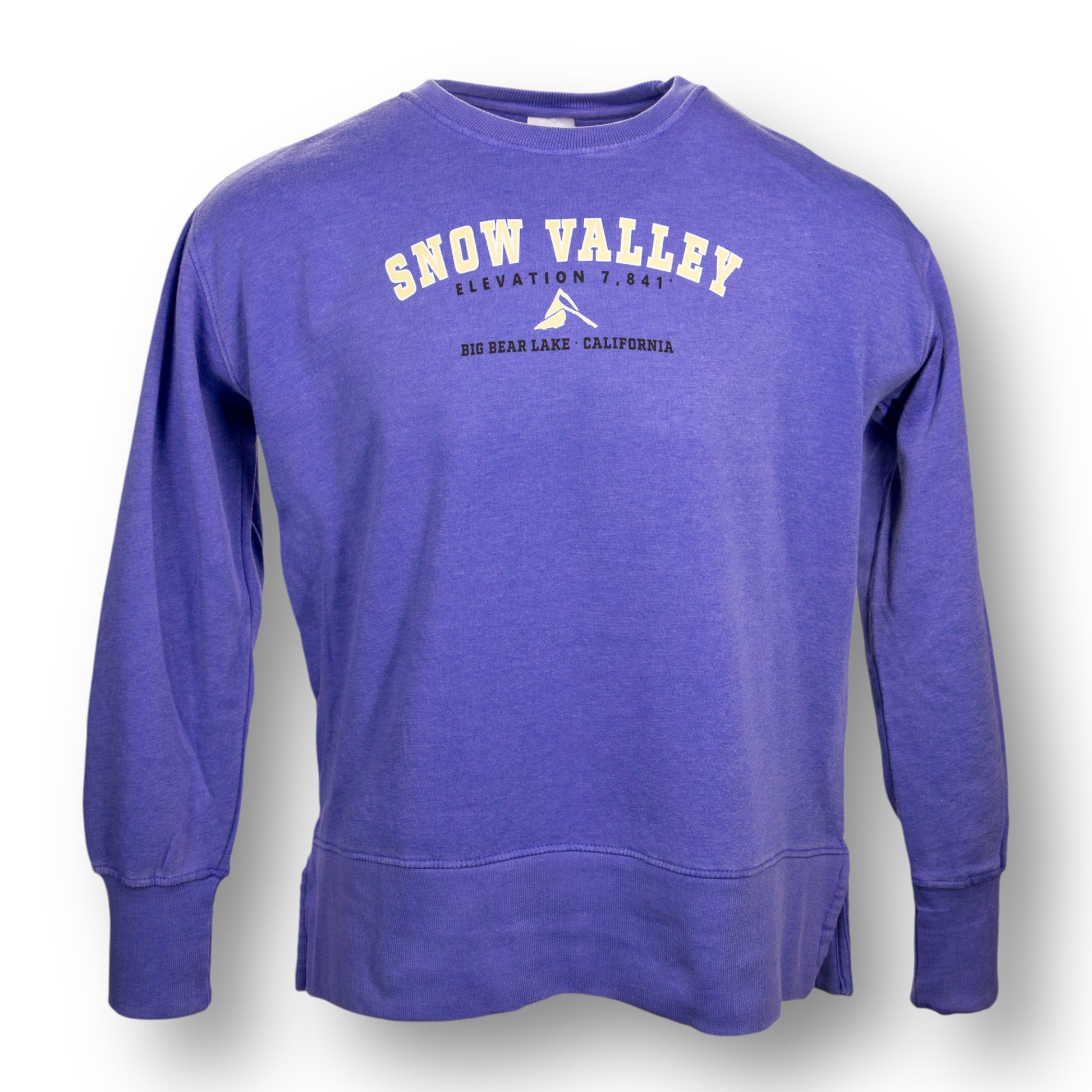 A blue color crewneck sweatshirt with Snow Valley logo, the elevation, and Big Bear Lake, California on the chest.