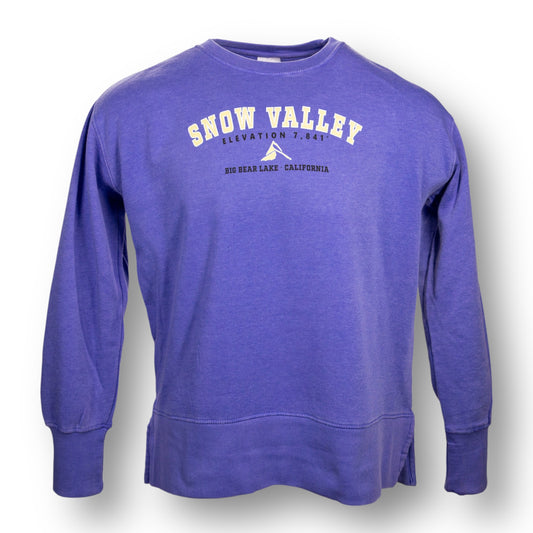 A blue color crewneck sweatshirt with Snow Valley logo, the elevation, and Big Bear Lake, California on the chest.
