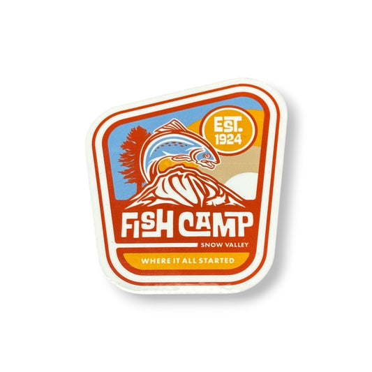Snow Valley Fish Camp where it all started sticker with a tree and fish design in orang, red, blue, and white.