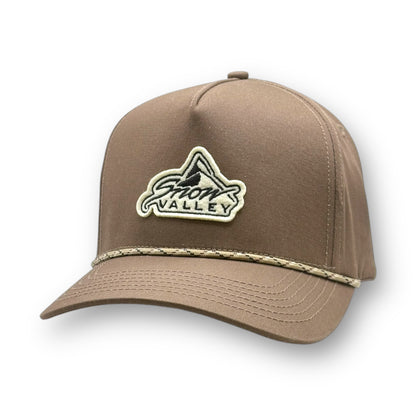 Beige brown color hat with Snow Valley logo iron on fabric patch and rope on the bill.