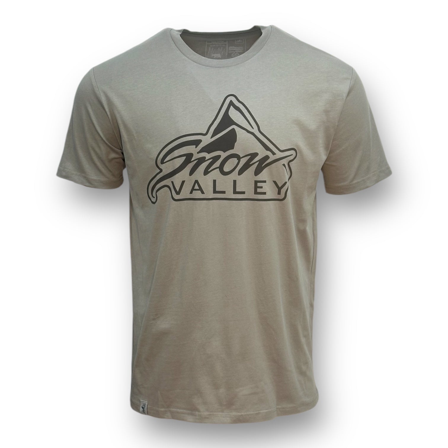 Grey t shirt with dark colored snow valley logo in center of shirt
