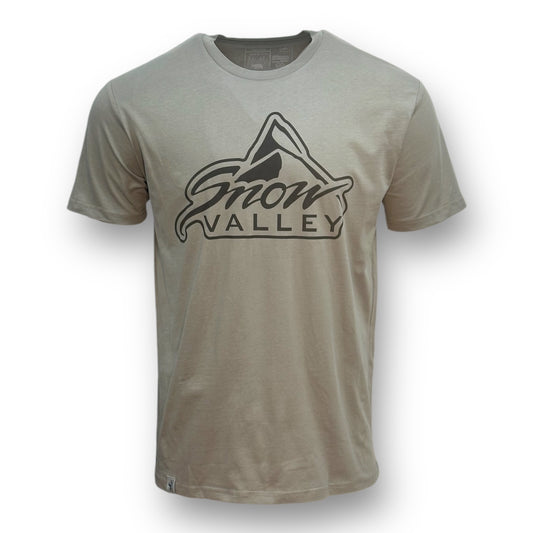 Grey t shirt with dark colored snow valley logo in center of shirt