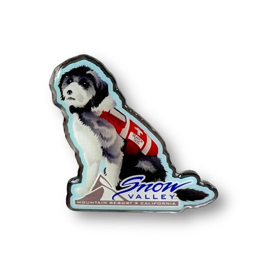 Snow Valley patrol dog pin with white and grey dog in red patrol vest