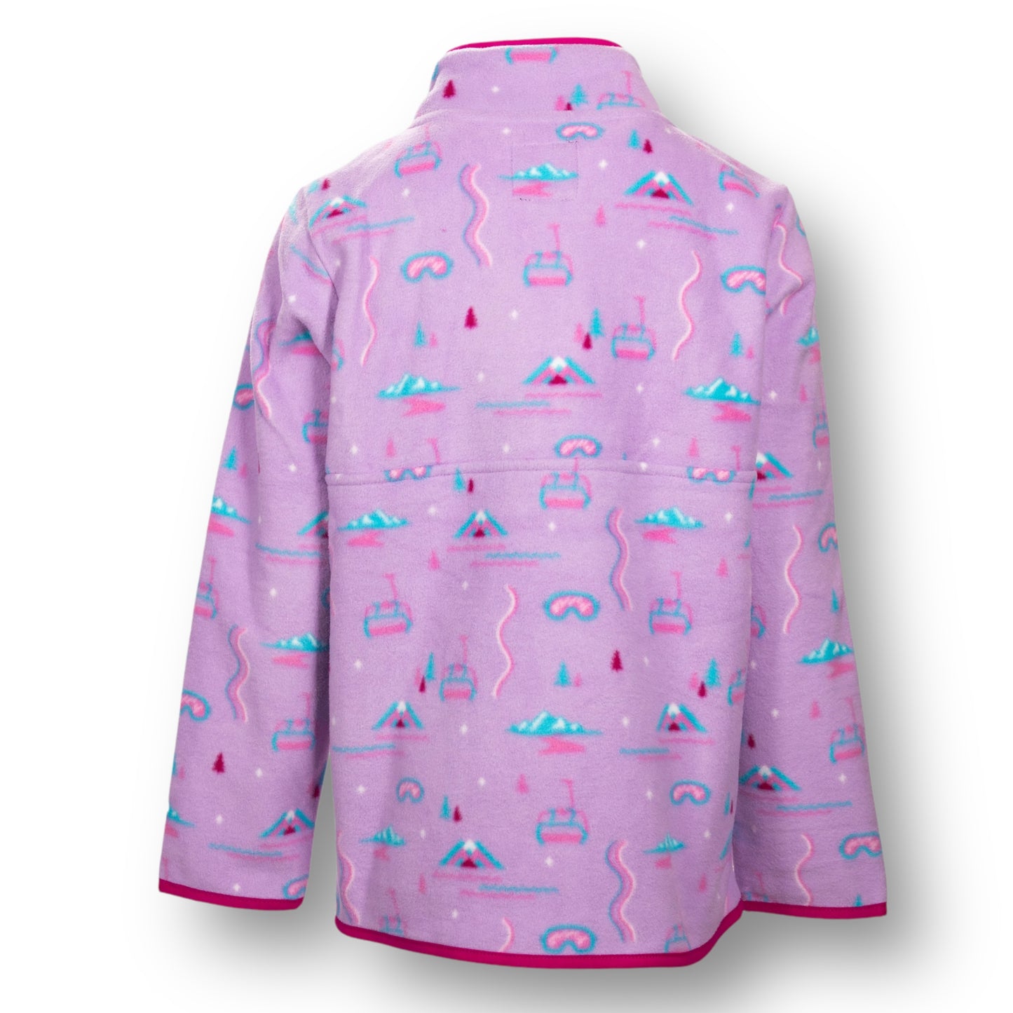 Backside of a fuchsia color button up half zip fleece jacket with mountains, goggle, and chairlift design.