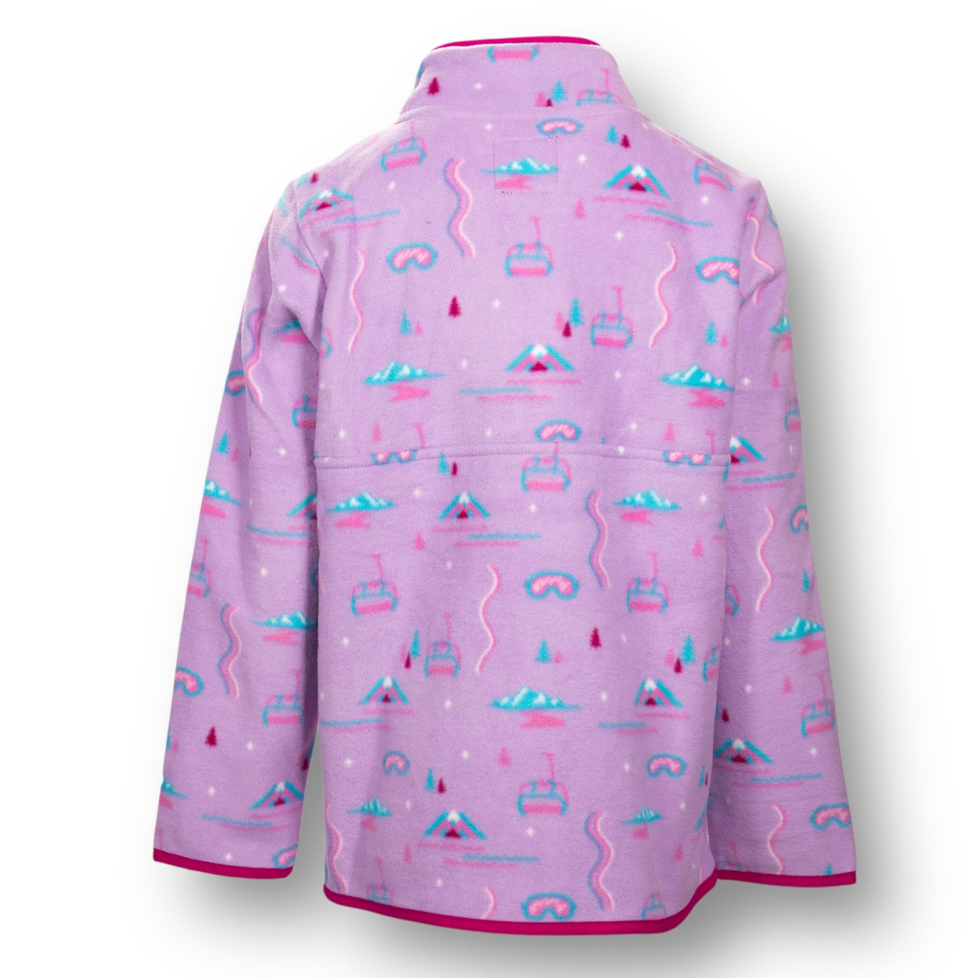 Backside of a fuchsia color button up half zip fleece jacket with mountains, goggle, and chairlift design.