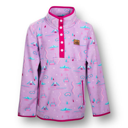 A fuchsia color button up half zip fleece jacket with mountains, goggle, and chairlift design and a leather Snow Valley patch on chest.