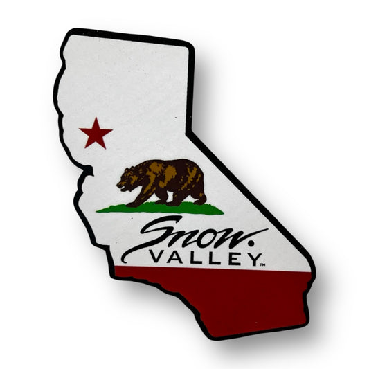 California shaped magnet with Snow Valley logo and bear