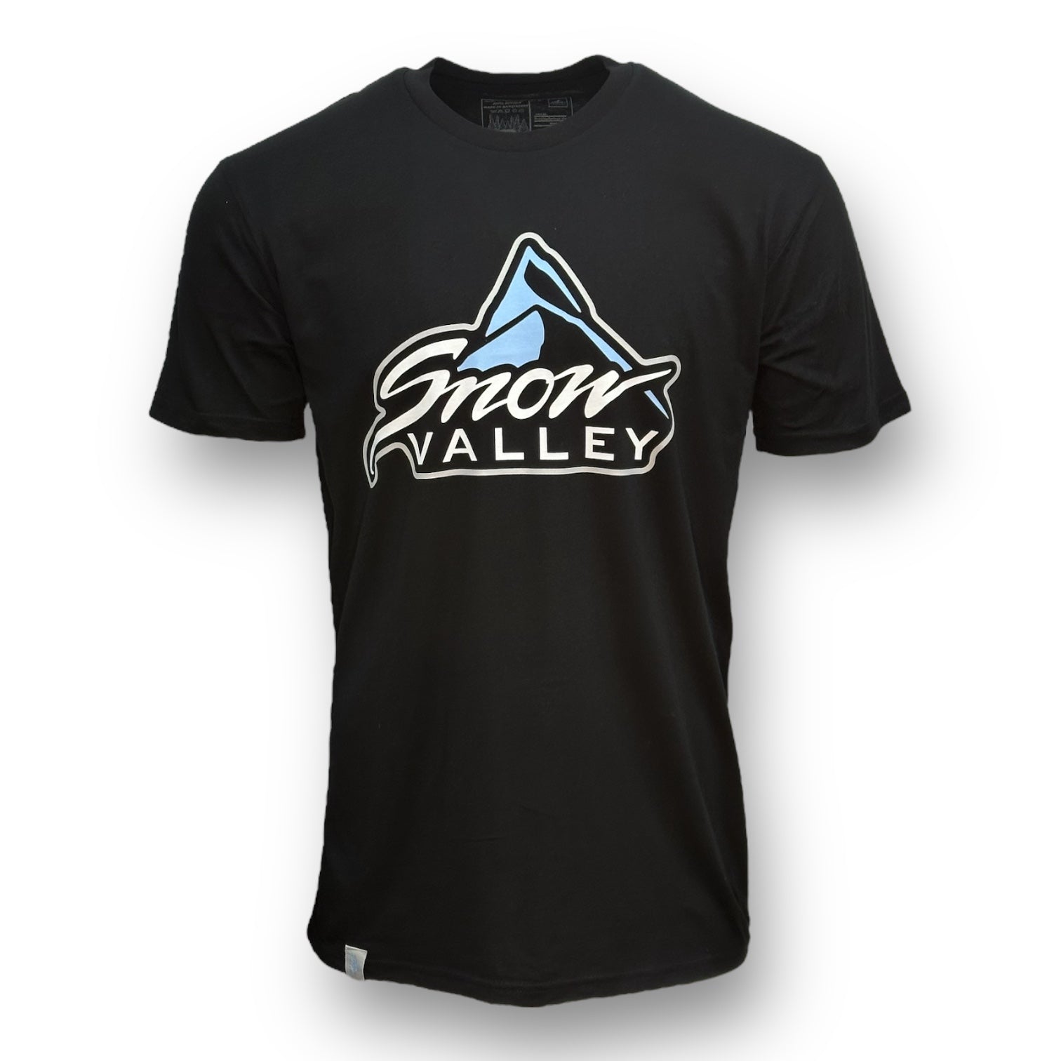 Black t-shirt with large white, blue, and black Snow Valley logo.