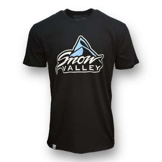 Black t-shirt with large white, blue, and black Snow Valley logo.