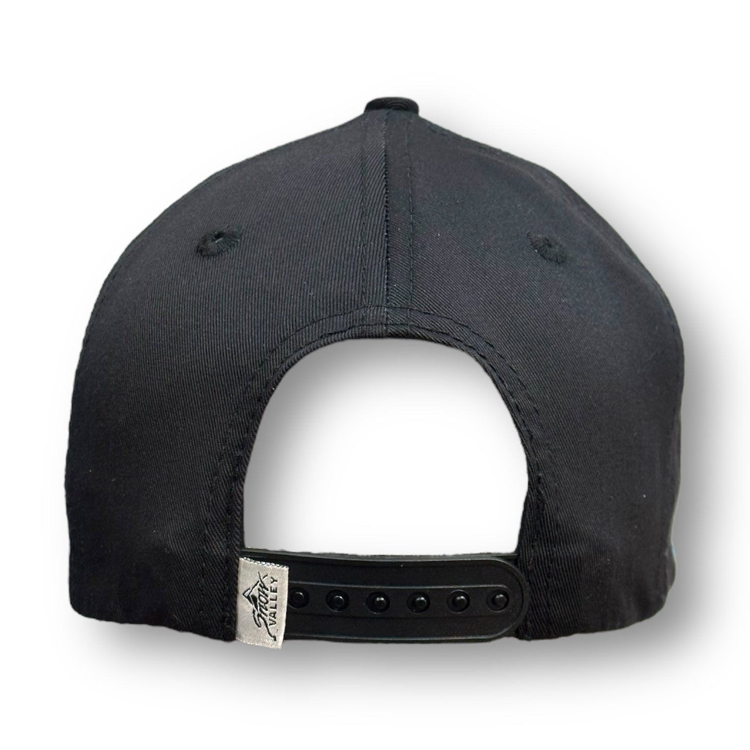 Black hat with a Snow Valley brand logo on the back next to the snapback.