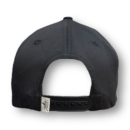 Black hat with a Snow Valley brand logo on the back next to the snapback.