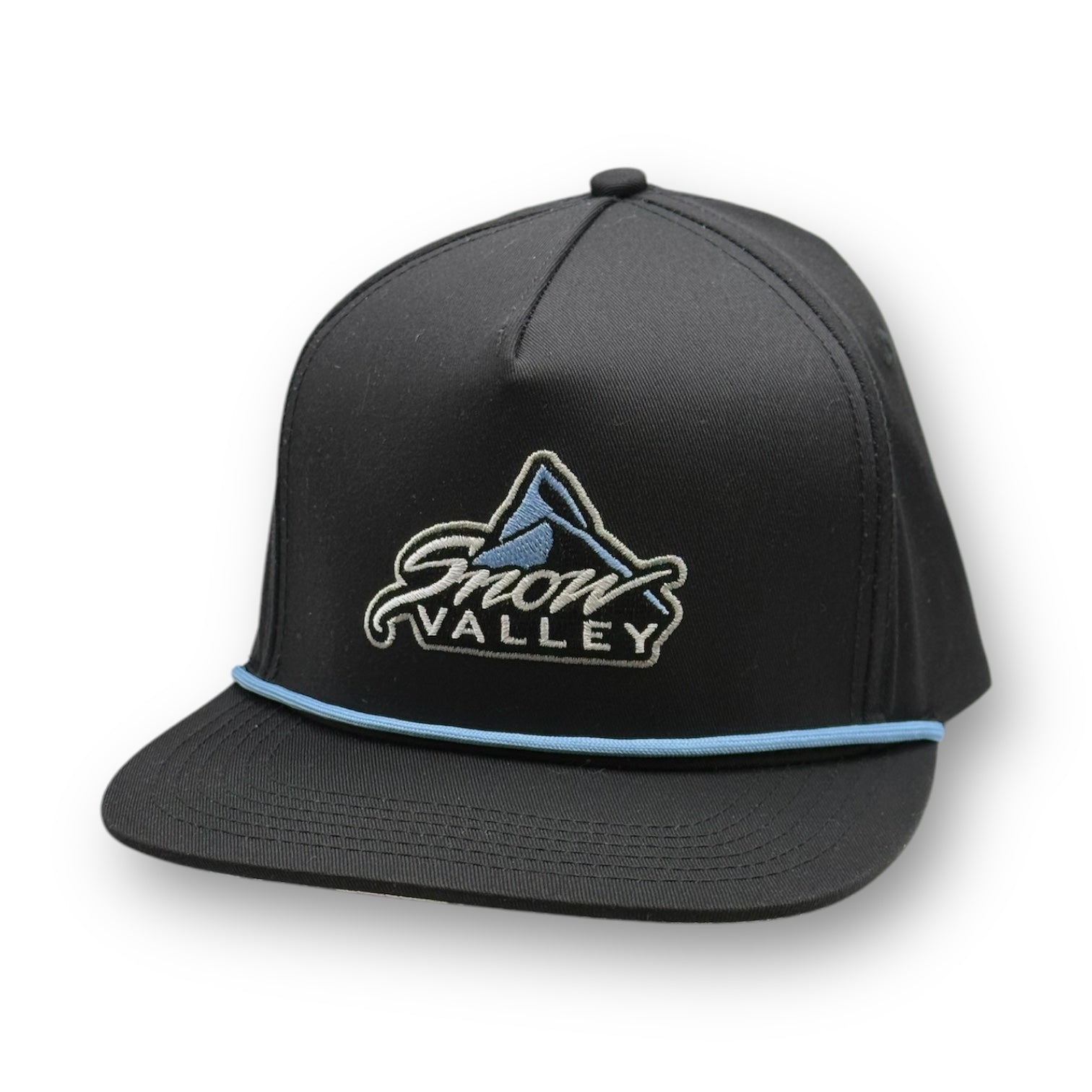 Black color hat with Snow Valley logo with embroidered logo and blue rope on the bill.