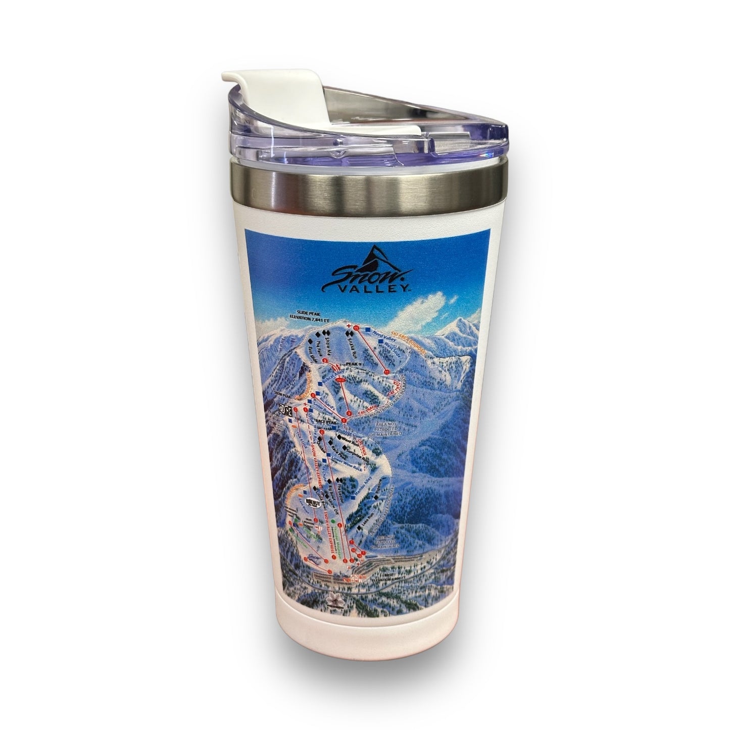 Stainless steel tumbler with Snow Valley winter trail map wrap