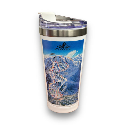 Stainless steel tumbler with Snow Valley winter trail map wrap