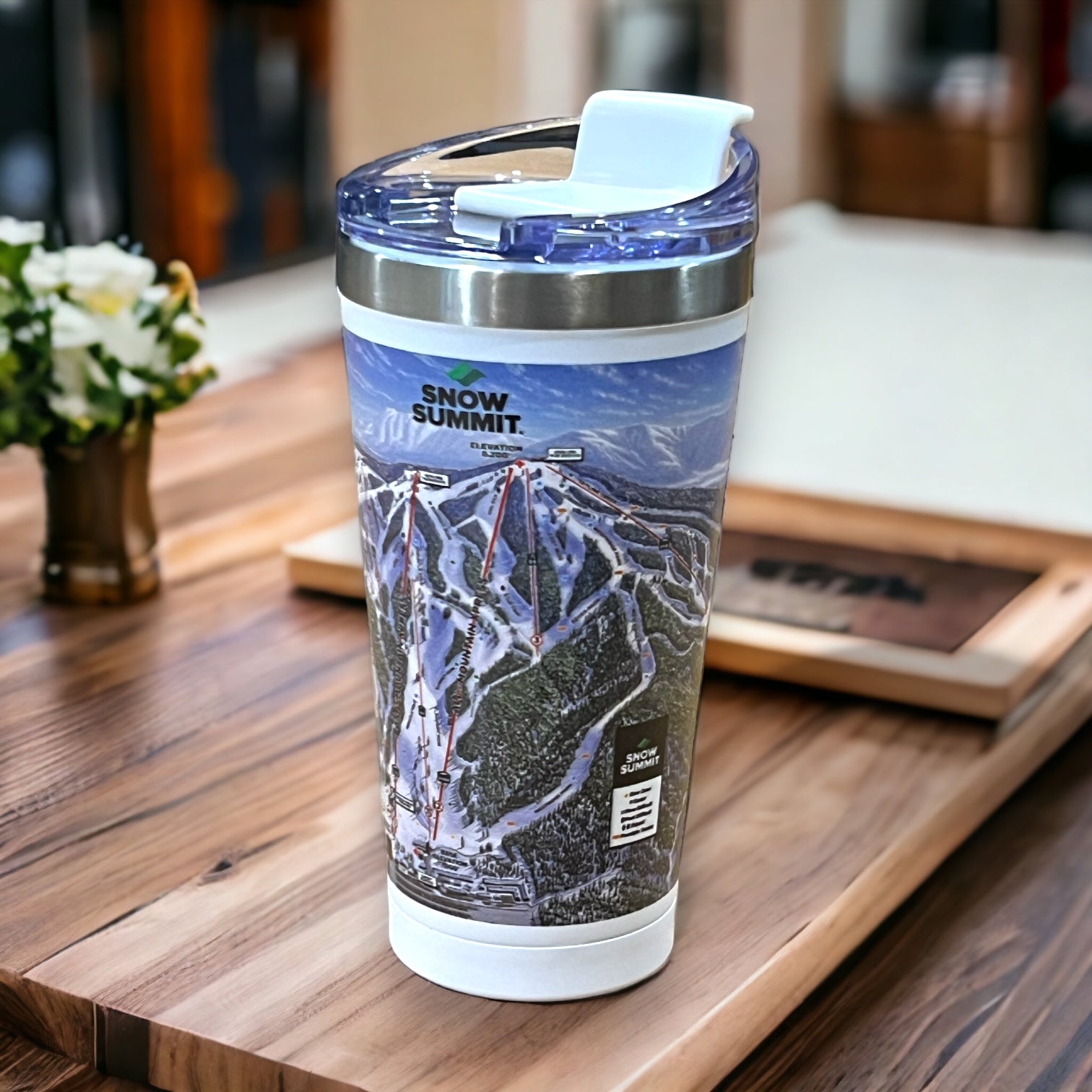 Snow Summit trails map tumbler with white base