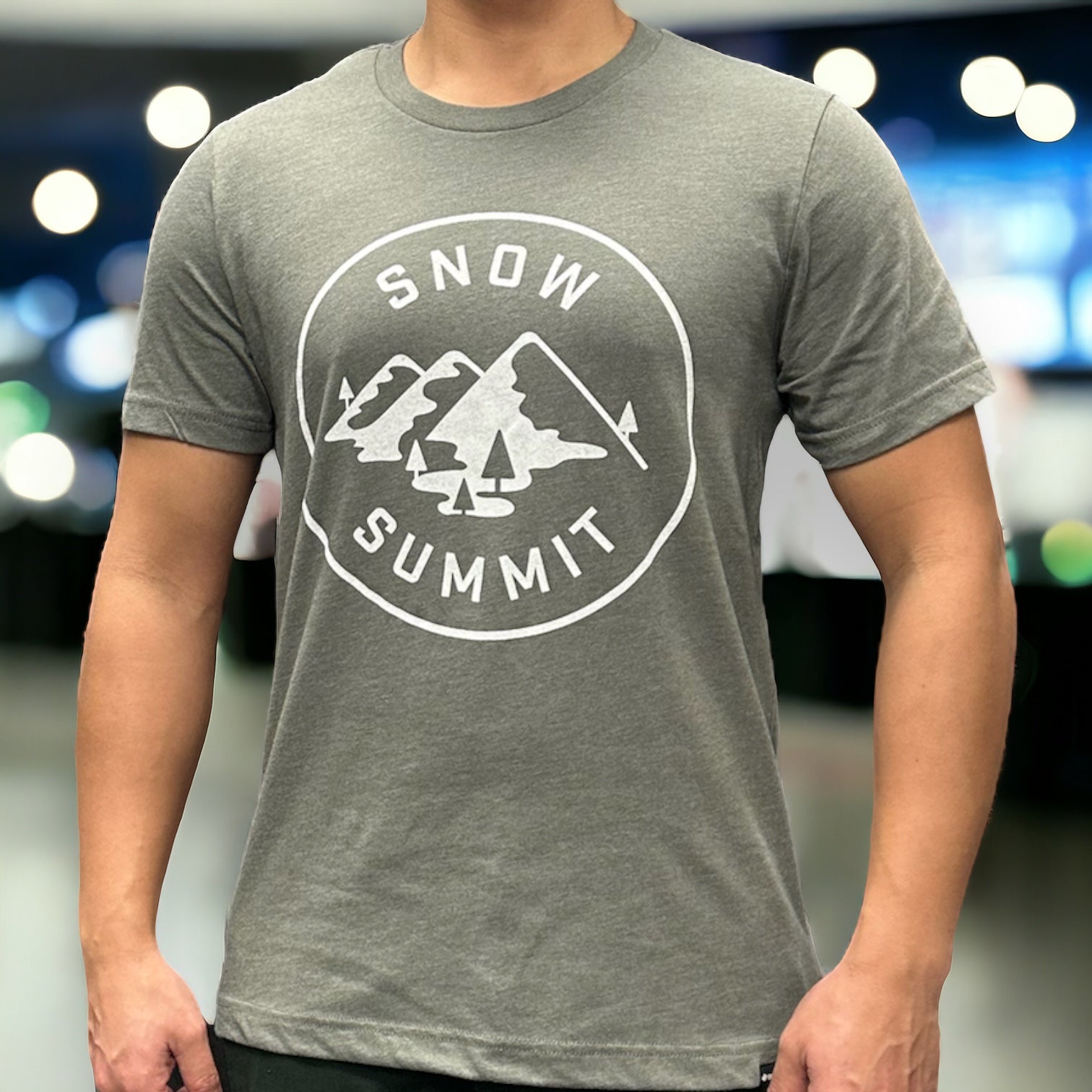 Snow Summit alpine army tee with mountains and tree circular logo