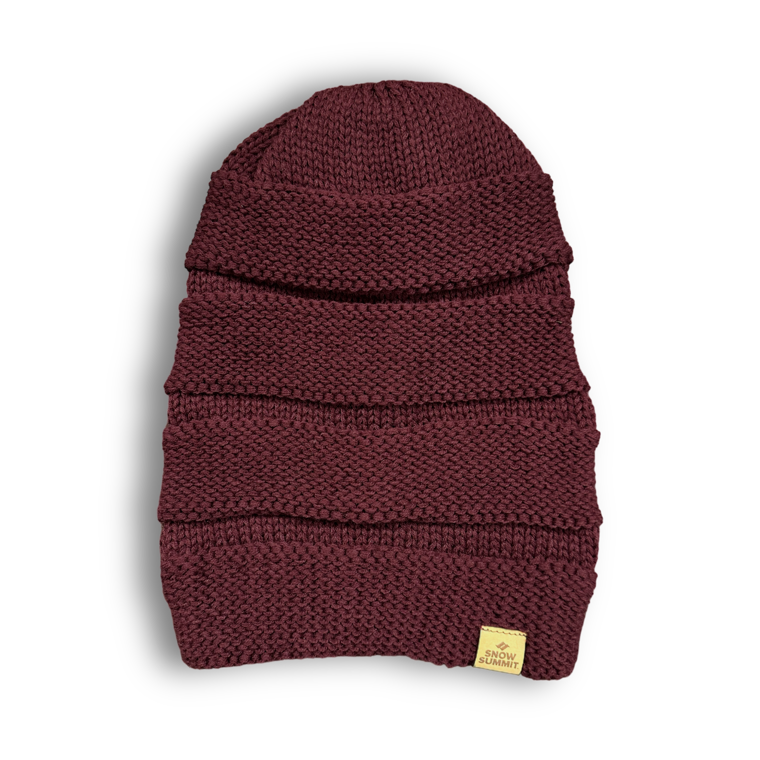 snow summit slouch beanie in burgandy color with logo on bottom left corner