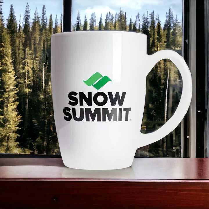 White ceramic mug with Snow Summit logo
