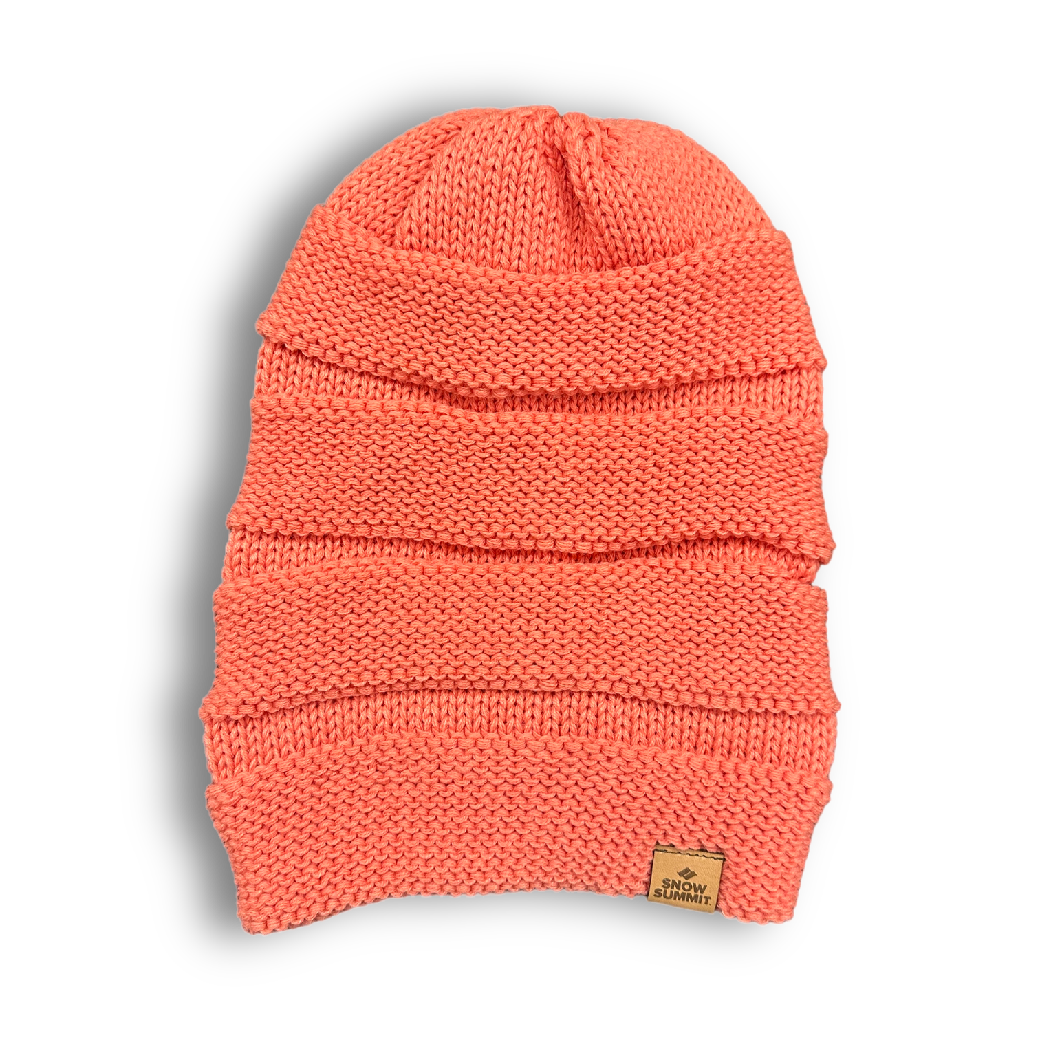 snow summit slouch beanie in coral color with logo on bottom left corner