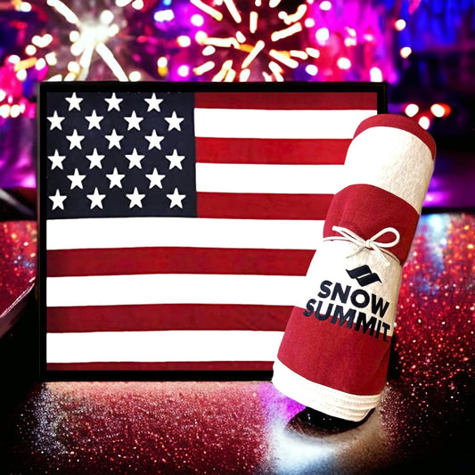 Snow summit logo on red, white, and blue flagged blanket