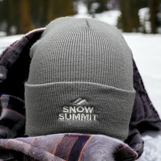 gray beanie with folded brim and snow summit logo