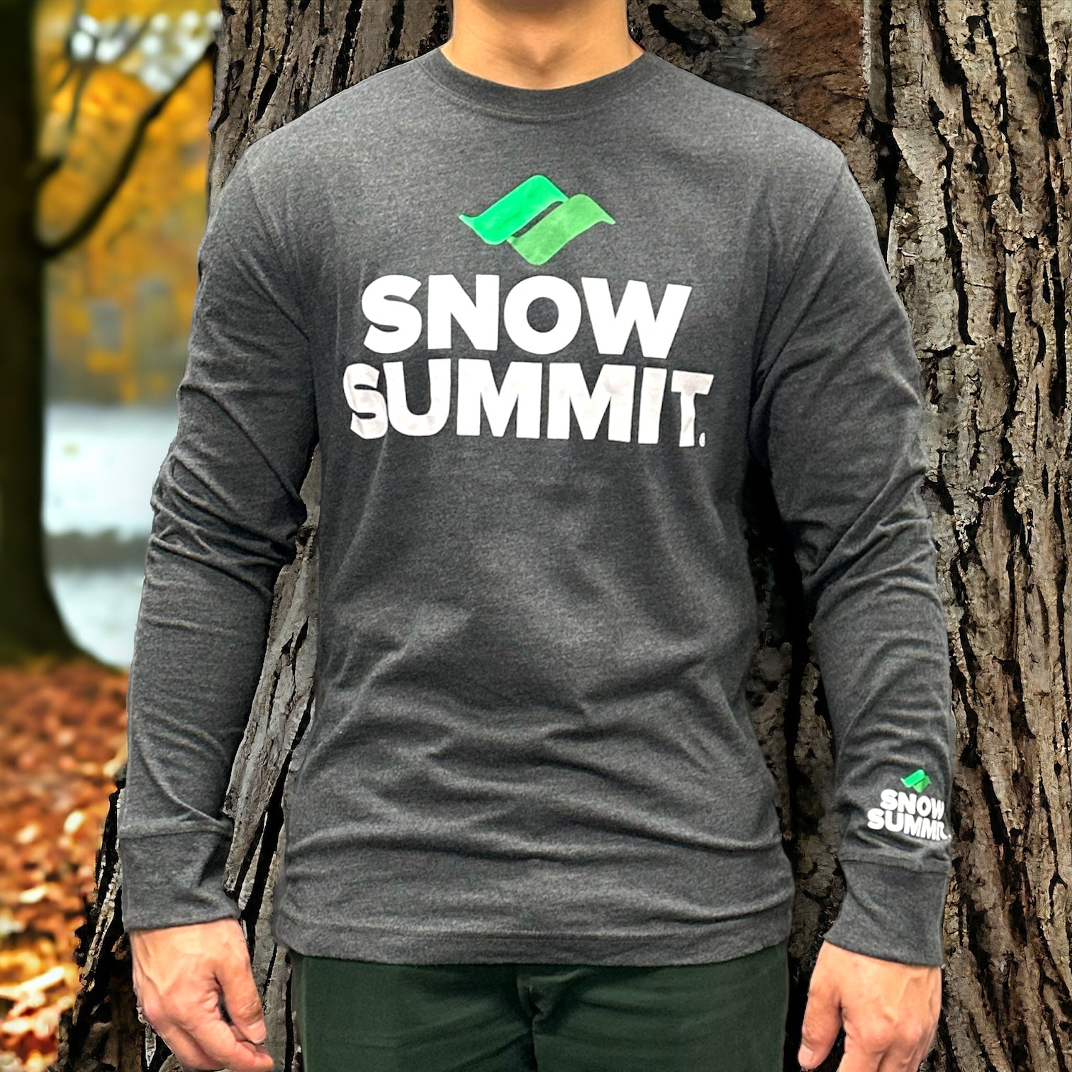 Snow Summit Heather Black Long Sleeve-T with Big Snow Summit Logo on the front and small logo on the left sleeve