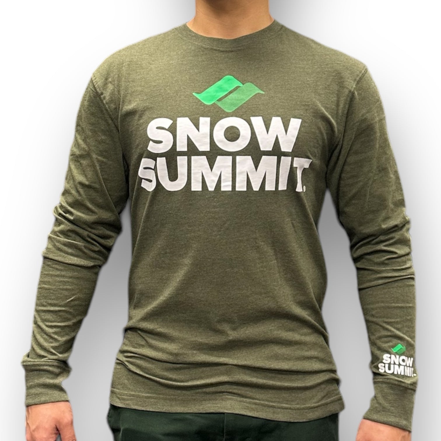 Snow Summit Heather Green Long Sleeve-T with Big Snow Summit Logo on the front and small logo on the left sleeve