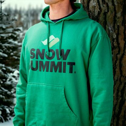 Green Snow Summit hoodie with black snow summit logo on front