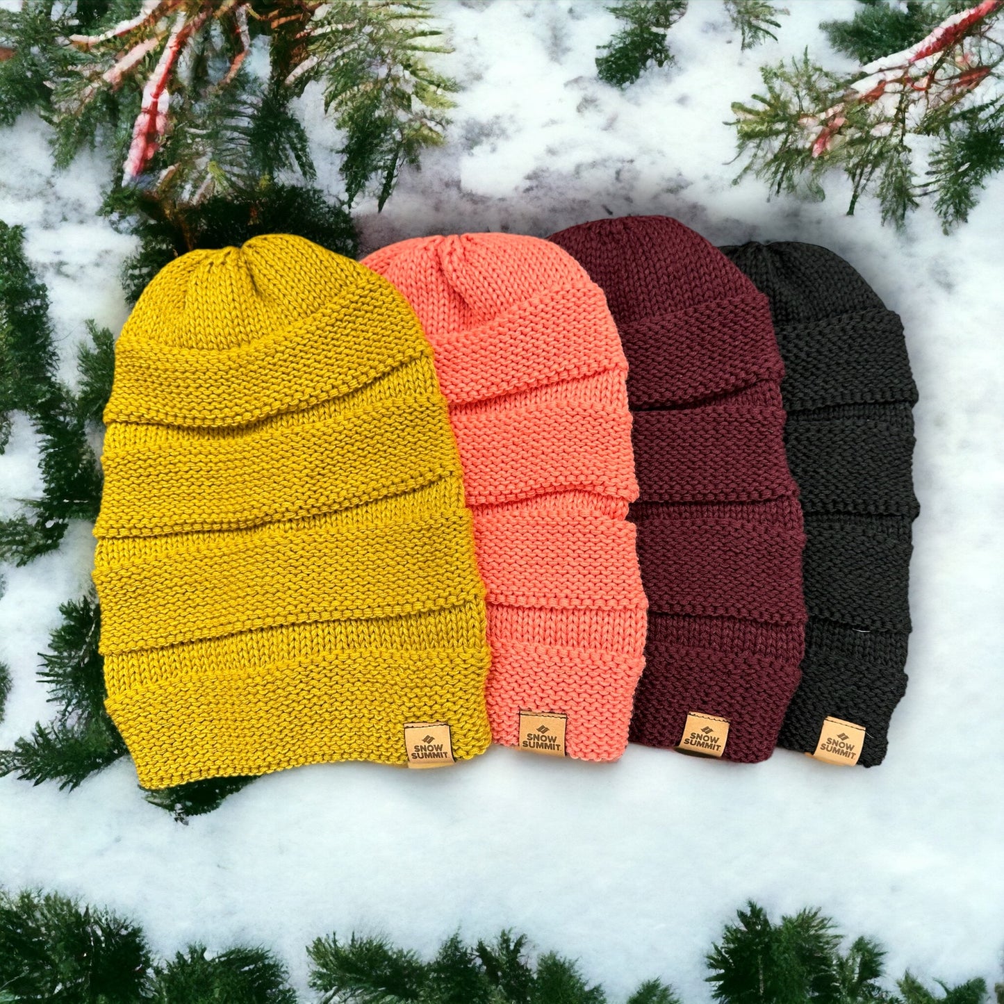 Snow Summit slouch beanies in colors: rust, coral, burgandy, and black