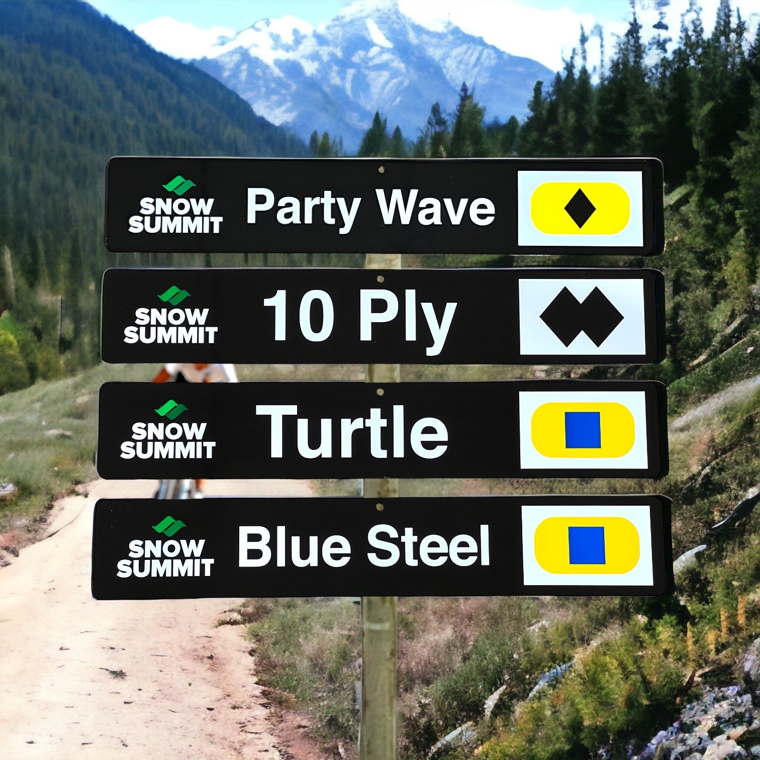 Black trail signs with Snow Summit runs: Party Wave, 10 Ply, Turtle, and Blue Steel