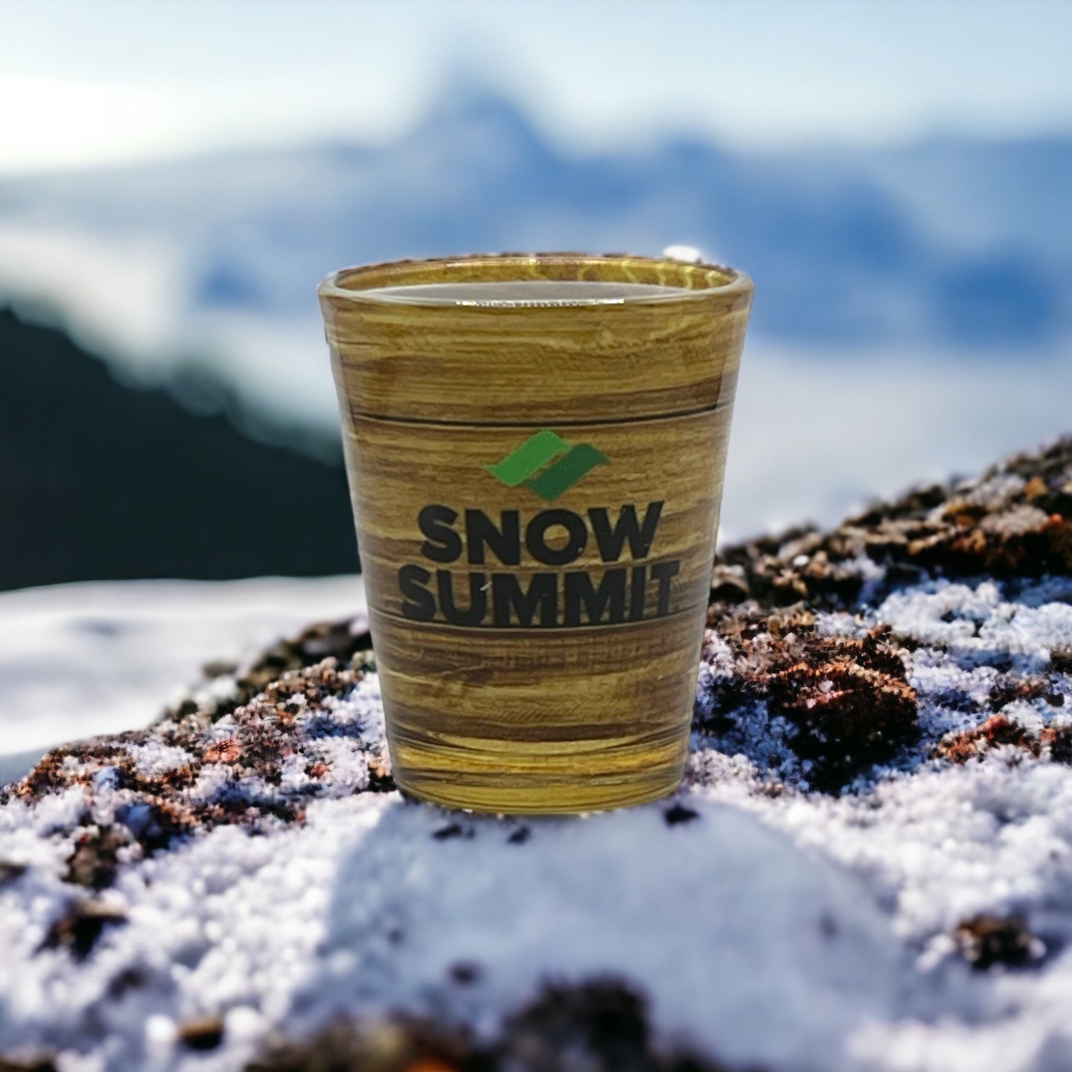 Snow Summit shot glass with wooden wrap design
