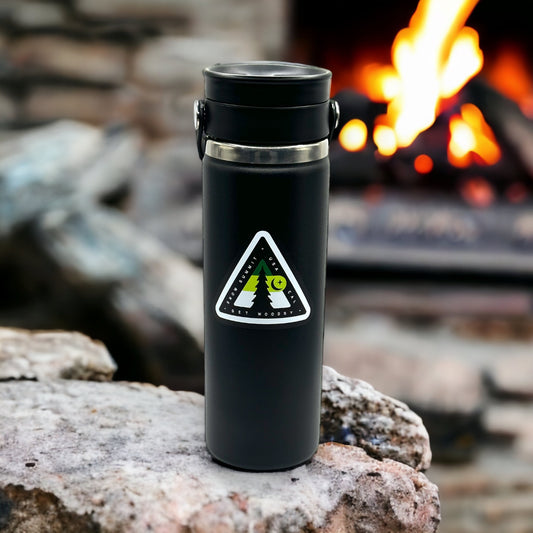 Snow Summit woodsy logo design on black hydro flask tumbler