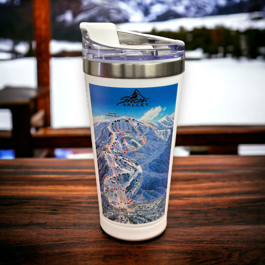 Stainless steel tumbler with Snow Valley winter trail map wrap