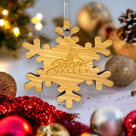 Snowflake wooden Ornament with Snow ValleyLogo