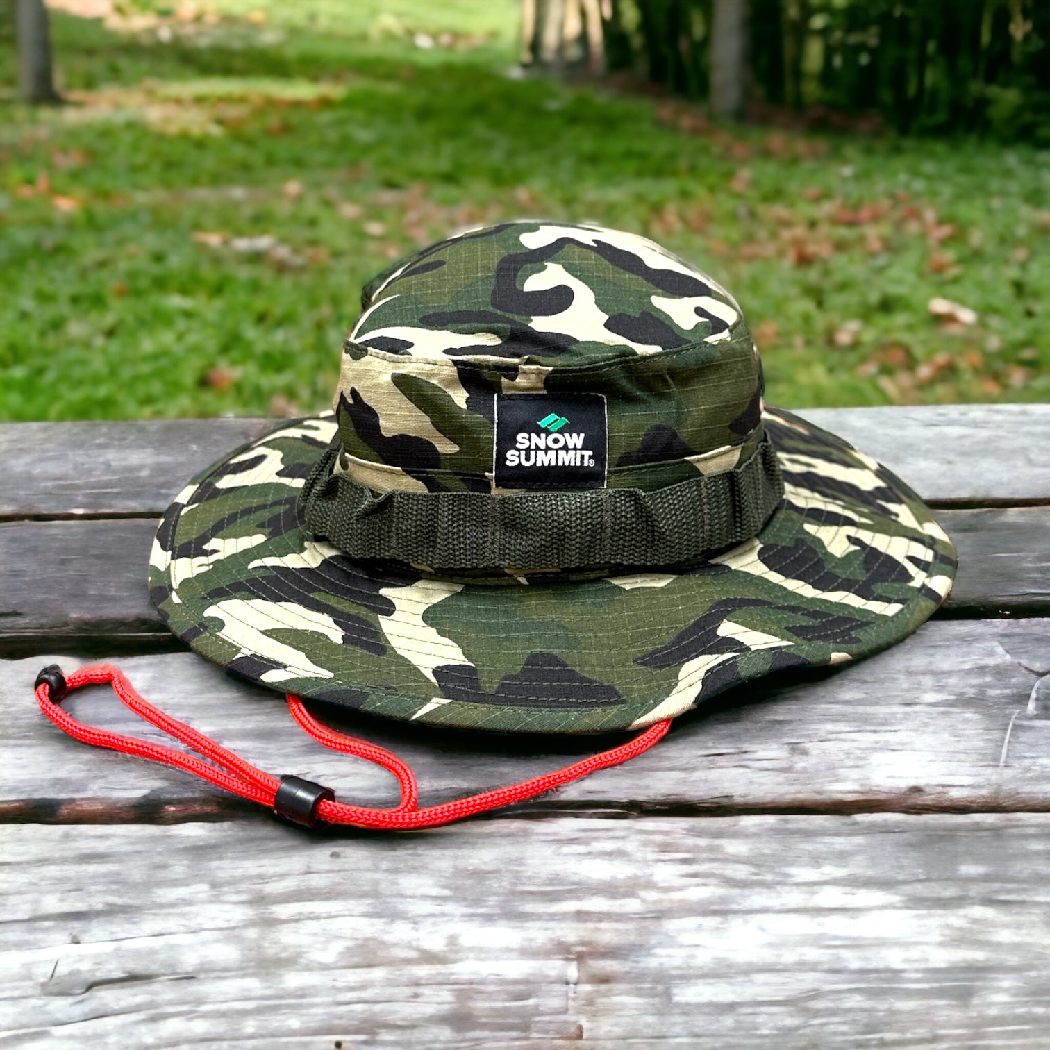 Snow Summit Boonie Hat in camo with red drawstring