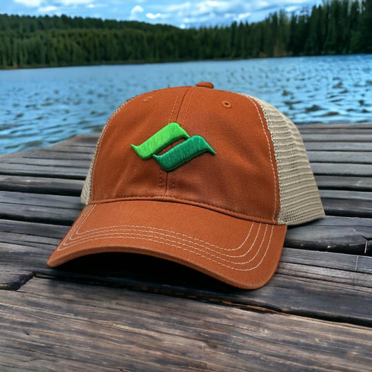 Orange hat with tan mesh back and green Snow Summit logo on the front