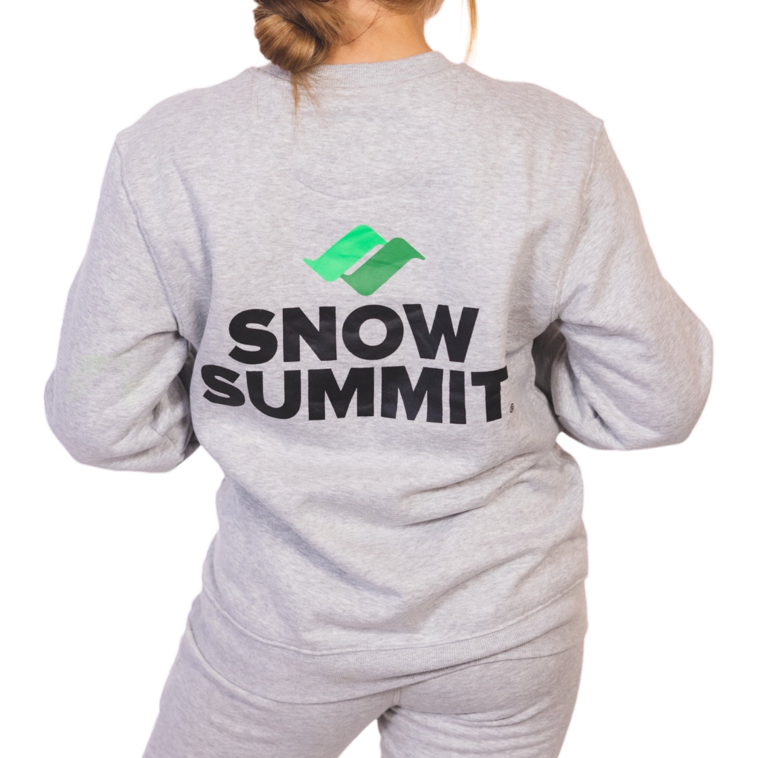 Grey long sleeve crewneck sweatshirt with snow summit logo on back