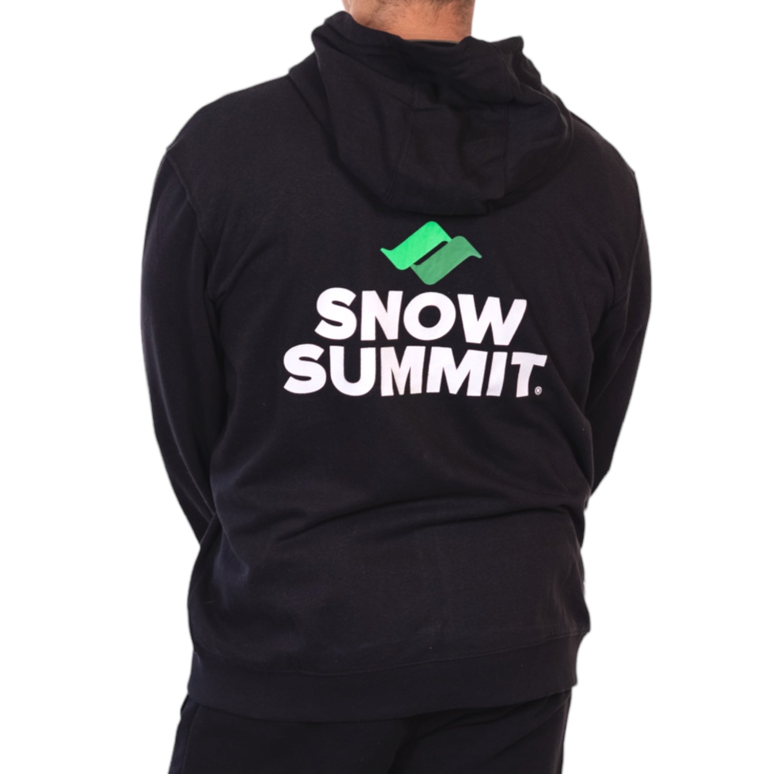 Back of black zip up with snow summit logo in middle