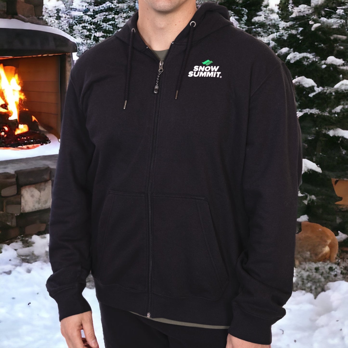 Black Zip up hoodie with Snow Summit logo on the front left and big on the back.