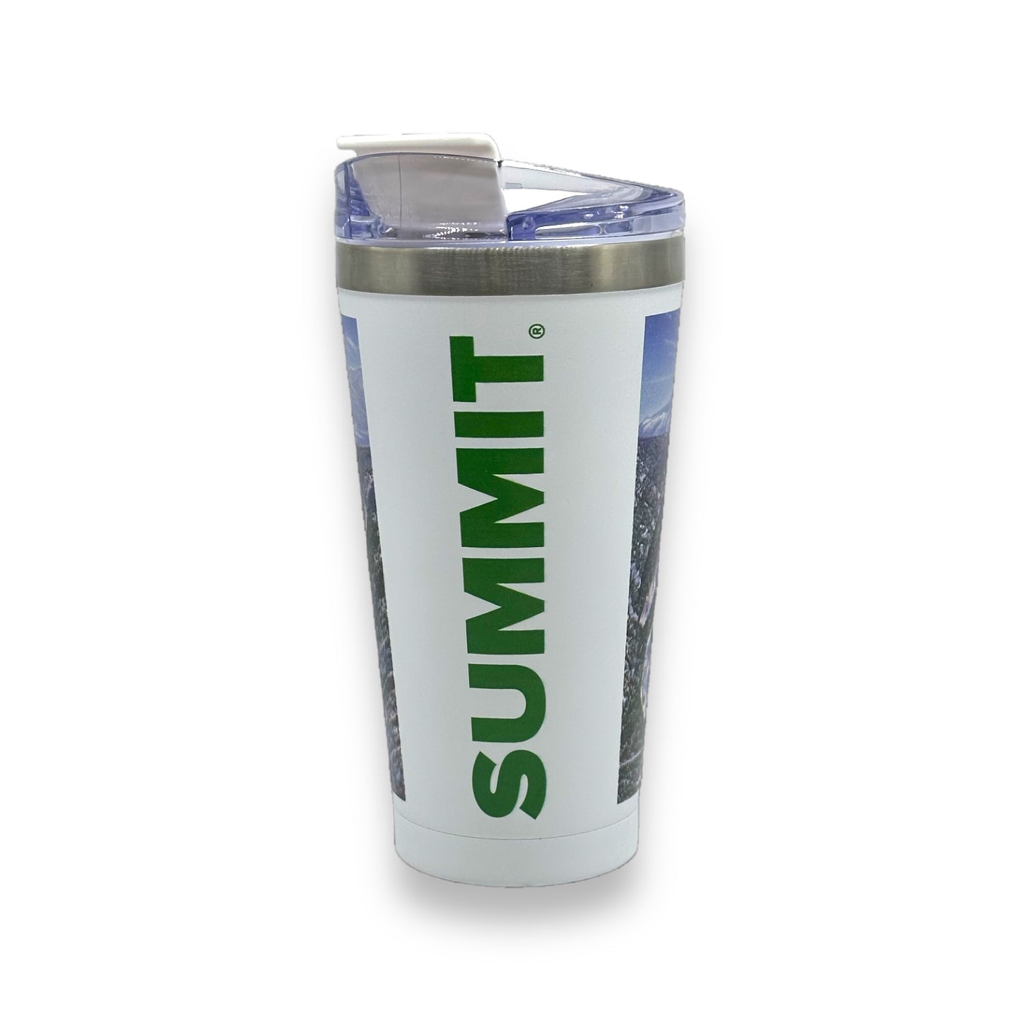 Snow Summit trails map tumbler with white base and Summit writing on side