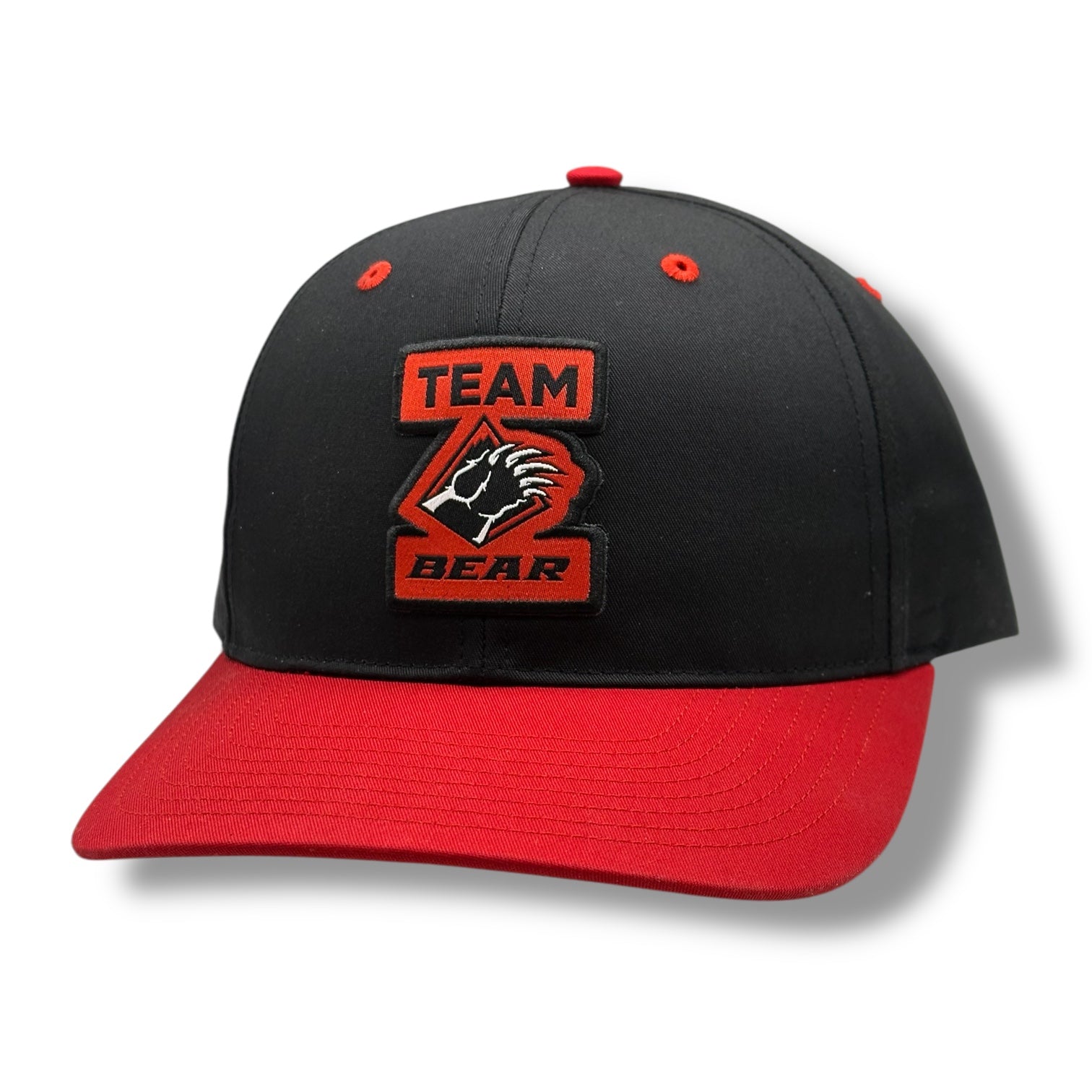 Snapback black hat, with red brim and Team Bear logo with a bear claw.