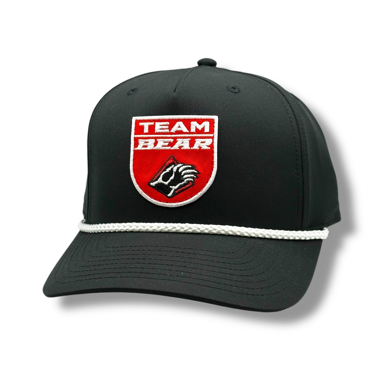 Black hat, with white rope on brim and red Team Bear logo with a bear claw.