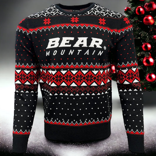 Bear Mountain black red white ugly sweater with snowflake design
