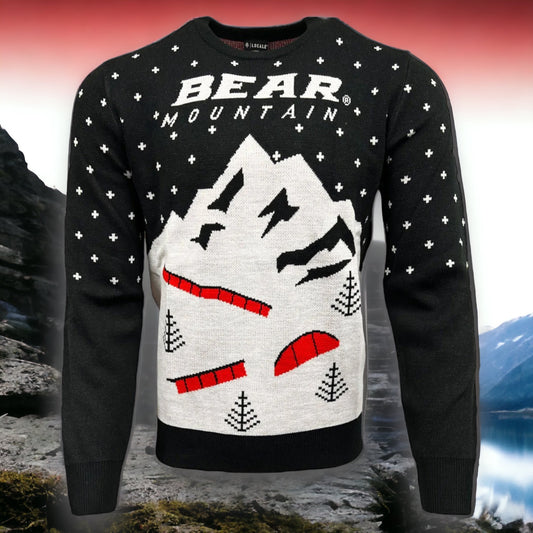 bear mountain park features ugly sweater in black red white